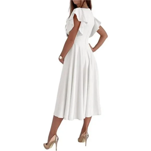 Women's V Neck Ruffle Short Sleeve A Line Swing Flared Cocktail